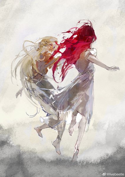 Anime picture 1528x2160 with elden ring malenia blade of miquella miquella (elden ring) siyemmm long hair tall image blonde hair signed looking away full body red hair siblings twins sketch girl dress boy