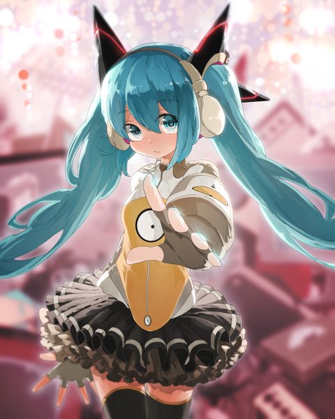 Anime picture 1000x1250 with vocaloid odds & ends (vocaloid) hatsune miku kinokoko-kino single long hair tall image looking at viewer standing twintails pleated skirt aqua eyes aqua hair girl thighhighs skirt gloves black thighhighs black gloves headphones