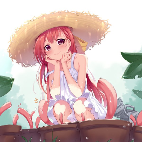 Anime picture 1000x1000 with original yaguo single long hair looking at viewer blush smile red eyes red hair girl dress plant (plants) hat sundress straw hat