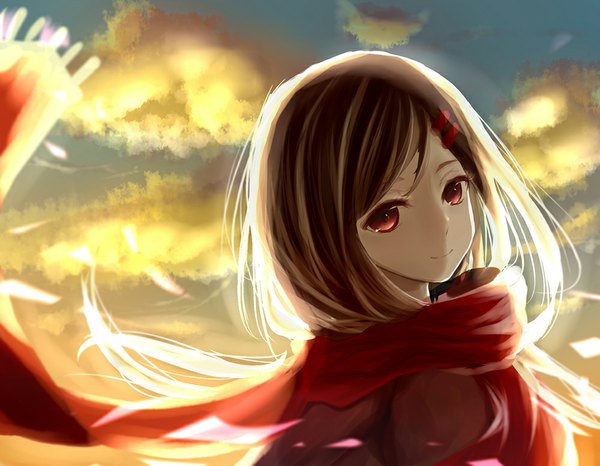 Anime picture 1000x778 with kagerou project shaft (studio) tateyama ayano mazarinee single long hair looking at viewer fringe smile red eyes brown hair sky cloud (clouds) girl hair ornament scarf bobby pin