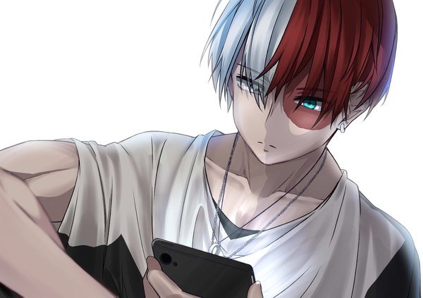 Anime picture 2048x1447 with boku no hero academia studio bones todoroki shouto iumi urura single fringe highres short hair simple background hair between eyes white background silver hair red hair multicolored hair two-tone hair heterochromia piercing ear piercing scar muscle