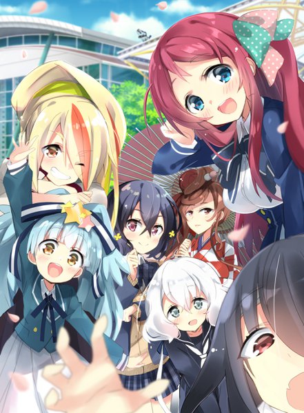 Anime picture 1851x2519 with zombie land saga mappa konno junko nikaidou saki minamoto sakura mizuno ai yuugiri (zombie land saga) hoshikawa lily yamada tae romero (zombie land saga) hizuki yayoi long hair tall image looking at viewer blush fringe highres short hair breasts open mouth