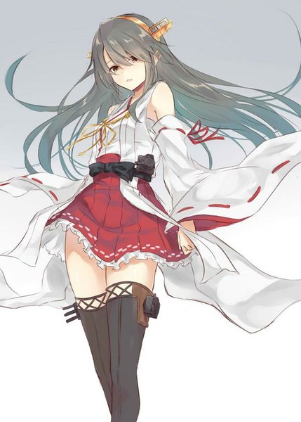 Anime picture 599x837 with kantai collection haruna battleship azuuru long hair tall image looking at viewer fringe simple background brown eyes traditional clothes japanese clothes grey hair floating hair nontraditional miko girl thighhighs detached sleeves