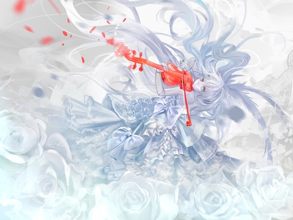 Anime picture 1200x900 with original torino aqua single looking at viewer bare shoulders silver hair very long hair pale skin silver eyes playing instrument abstract doll joints girl dress flower (flowers) bow petals rose (roses) musical instrument white rose