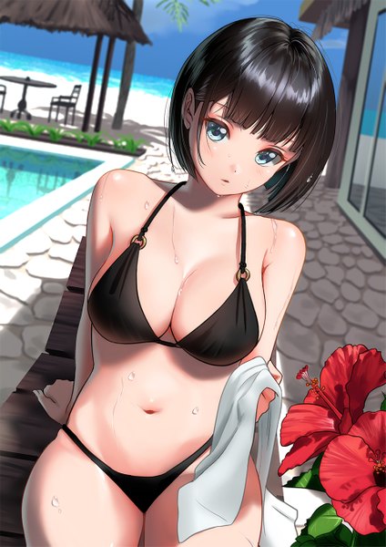 Anime picture 955x1351 with original mueririko single tall image looking at viewer blush fringe short hair breasts blue eyes light erotic black hair large breasts sitting bare shoulders holding sky cleavage outdoors blunt bangs