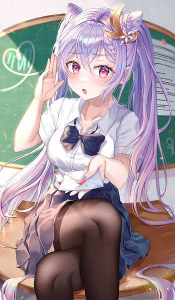 Anime picture 3500x6000 with genshin impact keqing (genshin impact) lisa 78 single tall image looking at viewer blush fringe highres open mouth hair between eyes sitting purple eyes twintails holding payot absurdres purple hair bent knee (knees) indoors