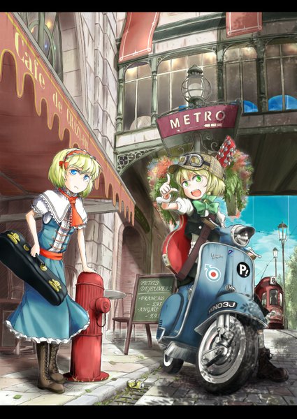 Anime picture 1103x1558 with touhou alice margatroid kitsuneno denpachi tall image short hair open mouth blue eyes multiple girls green eyes pointing goggles on head street detective girl 2 girls boots hairband goggles lantern mantle