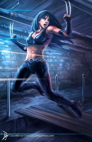 Anime picture 600x927 with x-men marvel comics x-23 (laura kinney) clearmirrorstillh20 (artist) single long hair tall image fringe open mouth blue eyes light erotic black hair hair between eyes signed looking away blurry realistic teeth fang (fangs) floating hair