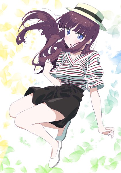 Anime picture 1433x2048 with new game! doga kobo takimoto hifumi pink x single long hair tall image looking at viewer blush fringe breasts open mouth blue eyes simple background brown hair payot full body blunt bangs :o short sleeves