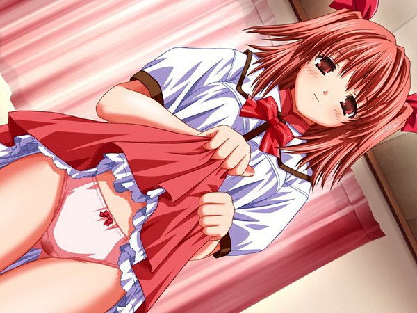 Anime picture 1024x768 with raspberry makino konoha nekonyan light erotic red eyes game cg red hair skirt lift girl underwear panties