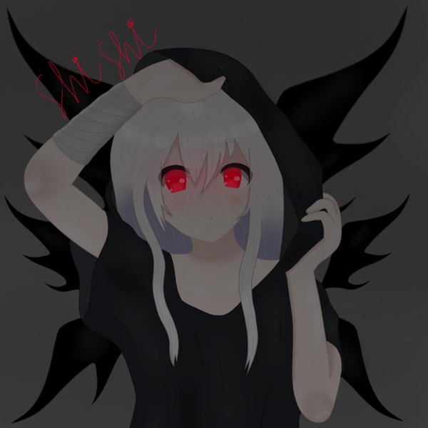 Anime picture 1500x1500 with original shishi gum single long hair looking at viewer fringe simple background hair between eyes red eyes signed white hair arm up grey background short sleeves black wings dragon girl girl wings hood bandage (bandages)