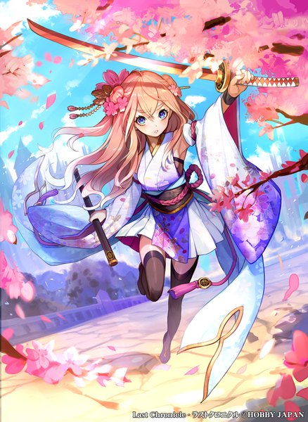 Anime picture 585x800 with last chronicle yuu (higashi no penguin) single long hair tall image looking at viewer fringe blue eyes blonde hair hair between eyes holding sky cloud (clouds) wide sleeves armpit (armpits) zettai ryouiki copyright name cherry blossoms outstretched arm mountain