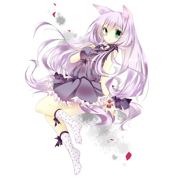 Anime picture 1000x1062 with original umino mizu single long hair tall image looking at viewer fringe simple background hair between eyes white background green eyes animal ears purple hair full body no shoes polka dot girl dress petals socks