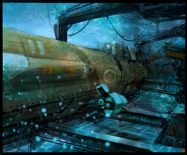 Anime picture 3000x2490 with original gin@ (pixiv) highres absurdres underwater water bubble (bubbles) wire (wires) watercraft submarine