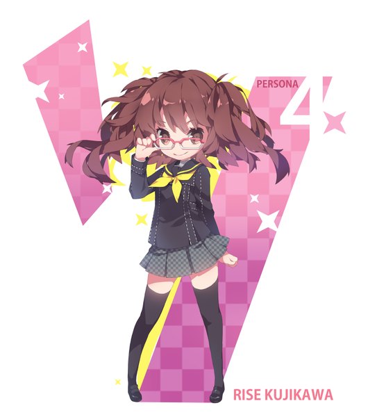 Anime picture 1500x1696 with persona 4 persona kujikawa rise mahz (artist) single long hair tall image looking at viewer fringe smile brown hair standing twintails holding brown eyes zettai ryouiki copyright name character names adjusting glasses girl