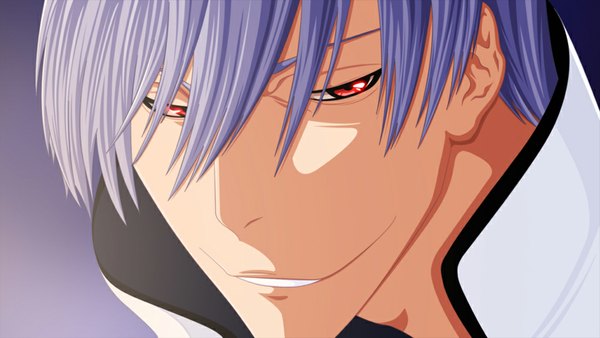 Anime picture 1024x577 with bleach studio pierrot ichimaru gin noname37 single short hair smile red eyes wide image purple hair coloring close-up face purple background boy