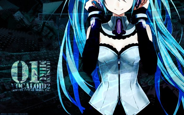 Anime picture 1920x1200 with vocaloid hatsune miku yahako single long hair highres smile wide image twintails bare shoulders aqua hair girl detached sleeves headphones
