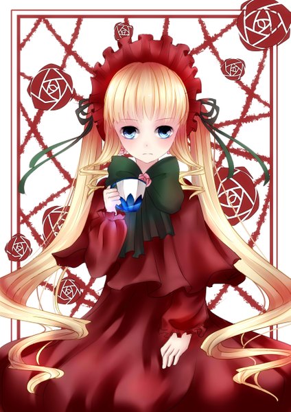 Anime picture 3507x4960 with rozen maiden shinku ryaku-ko (artist) single long hair tall image looking at viewer highres blue eyes blonde hair twintails absurdres loli drill hair lolita fashion girl dress flower (flowers) bow rose (roses)