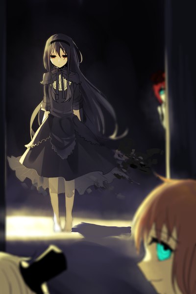 Anime picture 944x1417 with mahou shoujo madoka magica shaft (studio) akemi homura homulilly clara dolls (madoka magica) zgxuke long hair tall image looking at viewer fringe black hair hair between eyes standing multiple girls brown eyes full body barefoot aqua eyes solo focus head out of frame