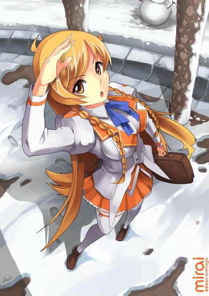 Anime picture 2480x3507 with mirai millenium suenaga mirai mystic (mysticswordsman21) single long hair tall image looking at viewer highres open mouth blonde hair standing brown eyes braid (braids) pleated skirt from above inscription :o twin braids winter snow