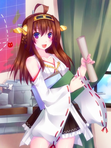 Anime picture 750x1000 with kantai collection kongou battleship door to heaven single long hair tall image looking at viewer blush open mouth brown hair purple eyes bare shoulders ahoge traditional clothes nontraditional miko girl hair ornament detached sleeves