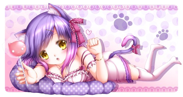 Anime picture 1500x796 with original shitou single long hair blush open mouth wide image animal ears yellow eyes purple hair lying cat ears cat girl cat tail girl thighhighs dress ribbon (ribbons) hair ribbon white thighhighs