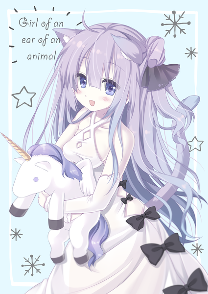 Anime-Bild 1000x1412 mit azur lane unicorn (azur lane) mottso single long hair tall image blush fringe hair between eyes purple eyes bare shoulders animal ears purple hair ahoge tail animal tail cat ears cat girl cat tail text