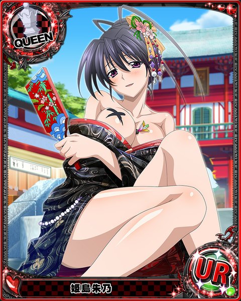 Anime picture 640x800 with highschool dxd himejima akeno single tall image looking at viewer blush breasts open mouth light erotic black hair large breasts purple eyes cleavage traditional clothes japanese clothes alternate hairstyle card (medium) hair up girl hair ornament