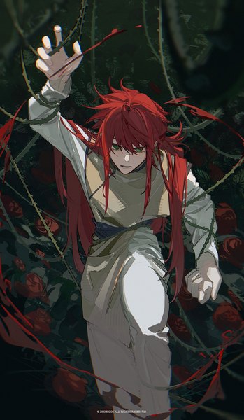 Anime-Bild 1000x1721 mit yu yu hakusho kurama k00s single long hair tall image looking at viewer fringe hair between eyes sitting green eyes red hair parted lips arm up from above restrained boy flower (flowers) plant (plants) rose (roses)