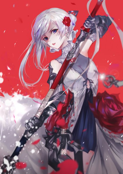 Anime picture 1556x2200 with sinoalice snow white (sinoalice) vardan single long hair tall image looking at viewer blush fringe breasts blue eyes simple background standing holding silver hair parted lips hair flower hieroglyph shaded face red background