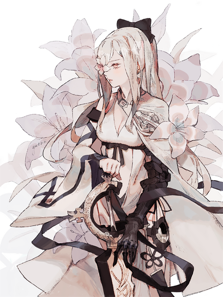 Anime picture 750x1000 with drakengard drag-on dragoon 3 zero (drag-on dragoon) yueko (jiayue wu) single long hair tall image white background payot looking away cleavage silver hair ponytail pink eyes covering eye (eyes) flower over eye girl dress flower (flowers) bow