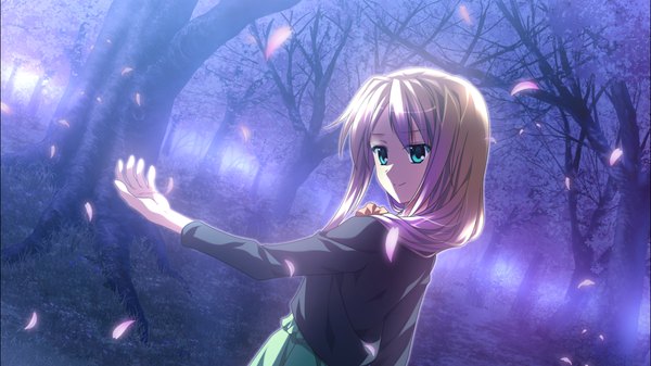 Anime picture 1278x718 with supipara nanao naru long hair blue eyes blonde hair smile wide image game cg looking back cherry blossoms girl plant (plants) petals tree (trees)