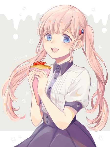 Anime picture 750x1000 with koi to uso lidenfilms sanada ririna purimo (xxxmofmof) single long hair tall image looking at viewer fringe open mouth blue eyes twintails pink hair :d puffy sleeves character names girl food sweets hairclip