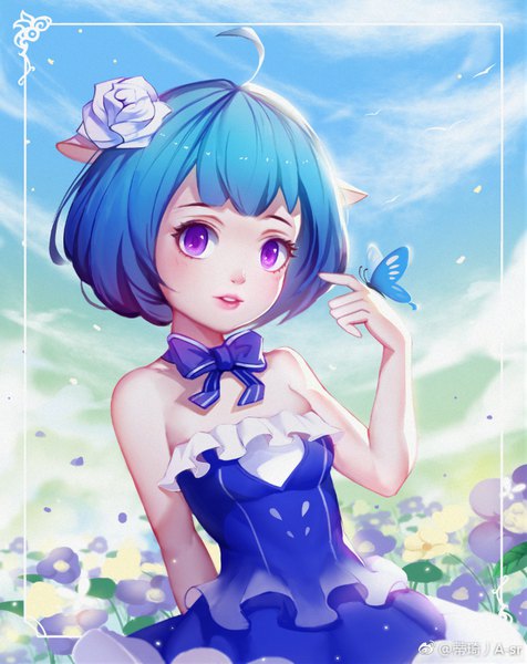 Anime-Bild 723x910 mit original liuzexiong single tall image looking at viewer blush fringe short hair purple eyes bare shoulders animal ears blue hair sky cloud (clouds) upper body ahoge parted lips hair flower arm behind back butterfly on hand