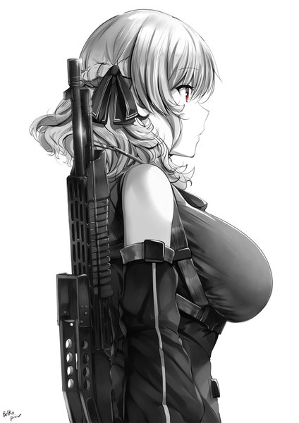 Аниме картинка 1414x2000 с girls frontline spas-12 (girls frontline) belko один (одна) высокое изображение чёлка короткие волосы грудь лёгкая эротика простой фон волосы между глазами красные глаза белый фон подписанный пейсы смотрит в сторону верхняя часть тела коса (косы) профиль огромная грудь