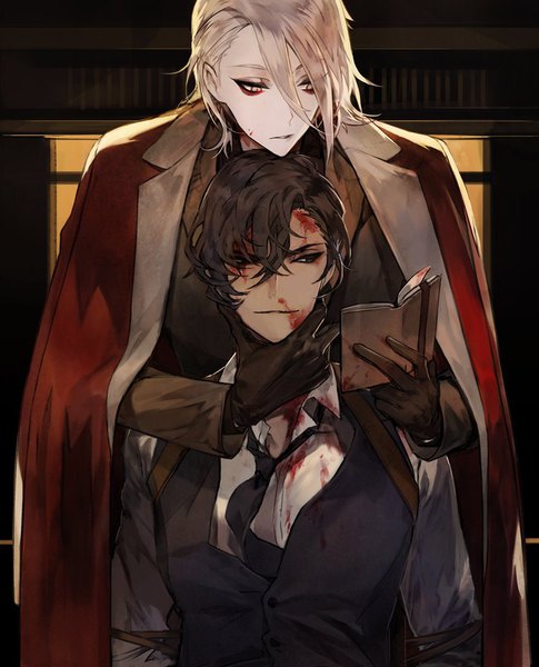 Anime picture 750x928 with fate (series) fate/grand order karna (fate) arjuna (fate) mo (mocopo) tall image fringe short hair black hair looking away silver hair black eyes hair over one eye multiple boys clothes on shoulders makeup blood on face bloody clothes hand on another's face heroic spirit formal dress