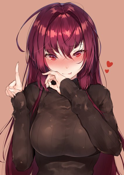 Anime picture 1075x1518 with fate (series) fate/grand order scathach (fate) (all) scathach (fate) hplay (kyoshinou) single long hair tall image looking at viewer blush fringe breasts simple background hair between eyes red eyes large breasts purple hair ahoge upper body long sleeves