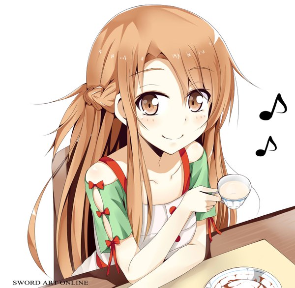 Anime picture 1748x1709 with sword art online a-1 pictures yuuki asuna tazaki hayato single long hair looking at viewer blush highres smile brown hair white background sitting brown eyes girl dress cup musical note