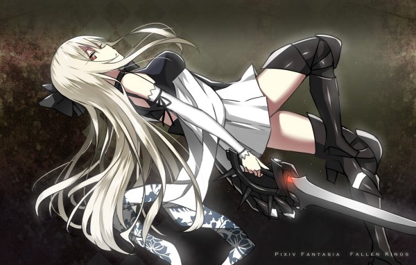 Anime picture 1200x764 with original pixiv fantasia pixiv fantasia fallen kings sky-freedom single long hair brown eyes white hair inscription weightlessness girl dress bow weapon hair bow detached sleeves sword armor thigh boots