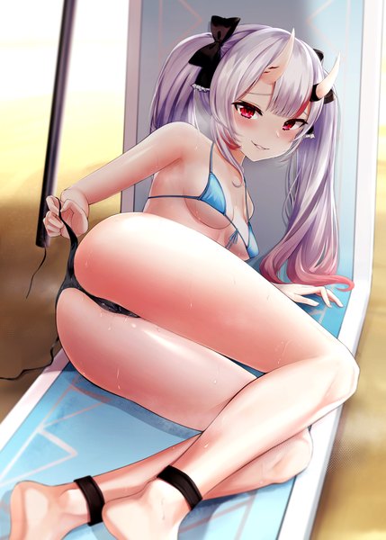 Anime picture 1430x2000 with virtual youtuber hololive nakiri ayame toshise. single long hair tall image looking at viewer blush fringe breasts light erotic smile silver hair ass red hair lying looking back multicolored hair barefoot
