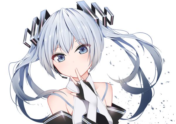 イラスト 1080x764 と ボーカロイド 初音ミク giryu ソロ 長髪 カメラ目線 赤面 前髪 simple background hair between eyes 白背景 ツインテール 肩出し upper body aqua eyes aqua hair hand to mouth 女の子 髪飾り 袖だけ