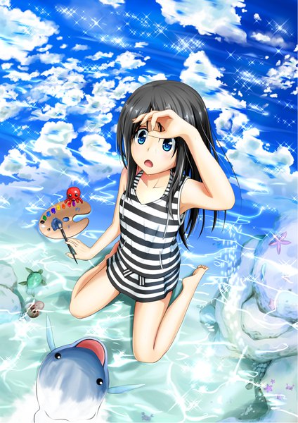 Anime picture 724x1024 with original iwamoto sora single long hair tall image looking at viewer blush open mouth blue eyes black hair sitting bare shoulders holding looking away sky cloud (clouds) full body outdoors barefoot arm up