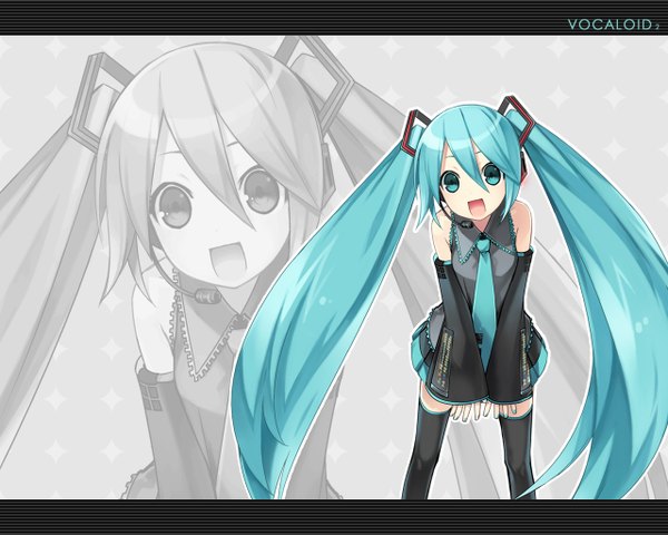 Anime picture 1280x1024 with vocaloid hatsune miku smile twintails pleated skirt aqua eyes aqua hair covering crotch girl detached sleeves necktie thigh boots