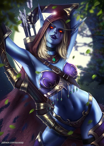Anime picture 714x1000 with world of warcraft blizzard entertainment sylvanas windrunner ayyasap single long hair tall image looking at viewer light erotic blonde hair signed pointy ears night bare belly armpit (armpits) orange eyes night sky lipstick torn clothes watermark