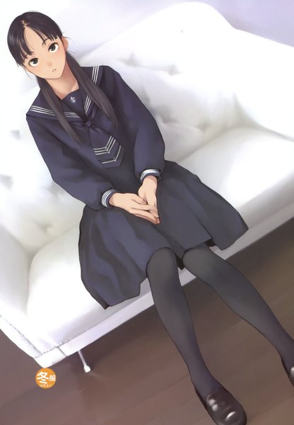 Anime picture 1698x2448 with original kamo (gafas) single long hair tall image looking at viewer black hair sitting twintails indoors dutch angle low twintails girl uniform pantyhose serafuku black pantyhose couch