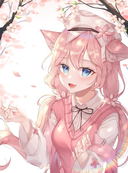 Anime picture 1458x1968 with original lisa 78 single long hair tall image looking at viewer fringe open mouth blue eyes smile twintails animal ears pink hair upper body :d hair flower cat ears wide sleeves low twintails cherry blossoms