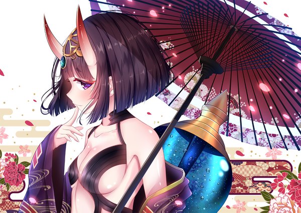 Anime picture 1600x1135 with fate (series) fate/grand order shuten douji (fate) lokyin house single short hair breasts light erotic black hair purple eyes upper body profile horn (horns) sideboob finger to mouth oni horns oni egasumi girl hair ornament
