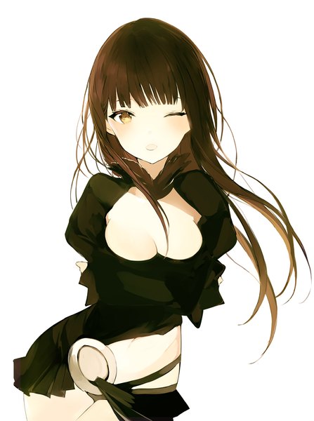 Anime picture 670x899 with original lpip single long hair tall image looking at viewer blush fringe breasts open mouth light erotic brown hair standing yellow eyes cleavage long sleeves one eye closed wind :o puffy sleeves
