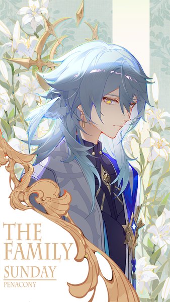 Anime picture 844x1500 with honkai: star rail honkai (series) sunday (honkai: star rail) indai (3330425) single long hair tall image looking at viewer fringe hair between eyes yellow eyes blue hair upper body text english head wings floral background boy flower (flowers) earrings