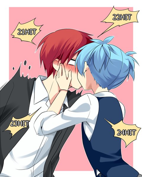 Anime picture 716x896 with ansatsu kyoushitsu shiota nagisa akabane karma hi-ma tall image blush short hair simple background twintails blue hair red hair multiple boys embarrassed short twintails pink background framed kiss shounen ai boy uniform